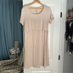 Eleanora Maternity Nursing T-Shirt Dress w/ Pockets in Oatmeal Stripes L